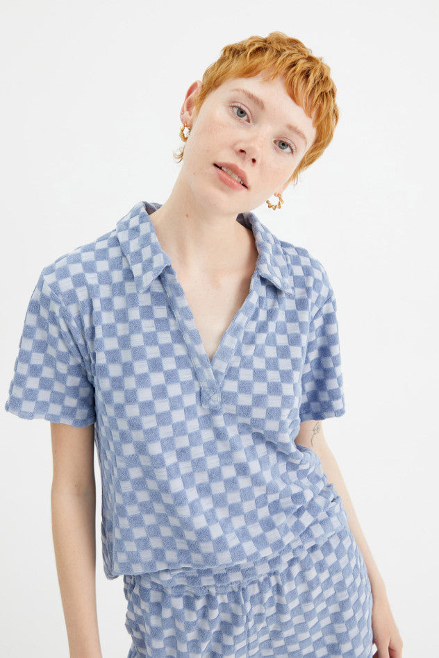 Blue Check Terry Cloth Top